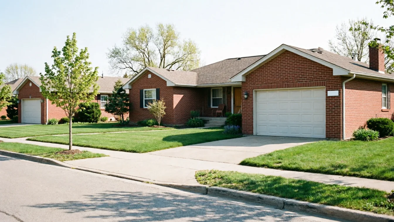 A row of brick houses with white garage doors and green lawns.