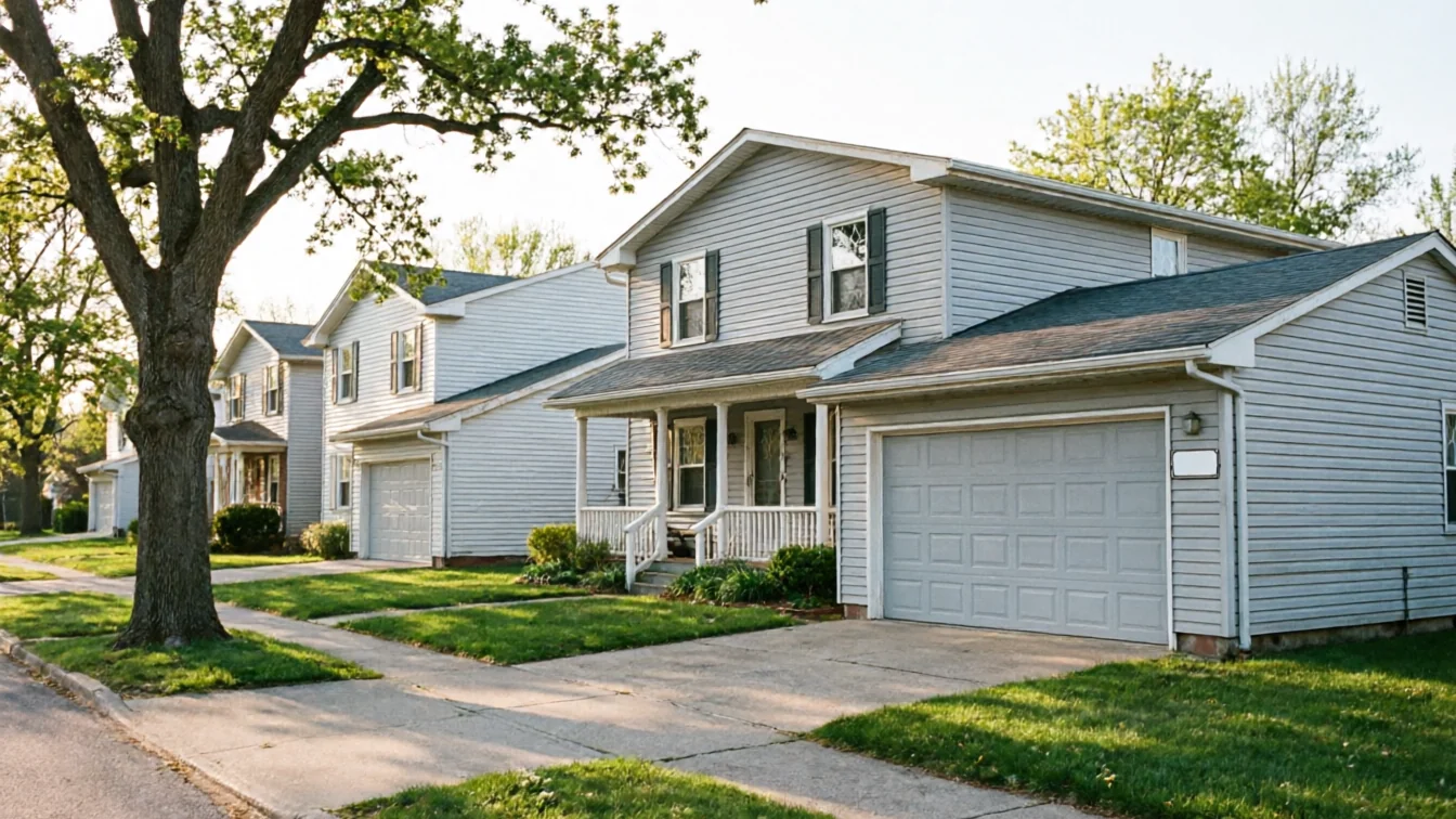 A row of light gray houses with white garage doors lines a street.