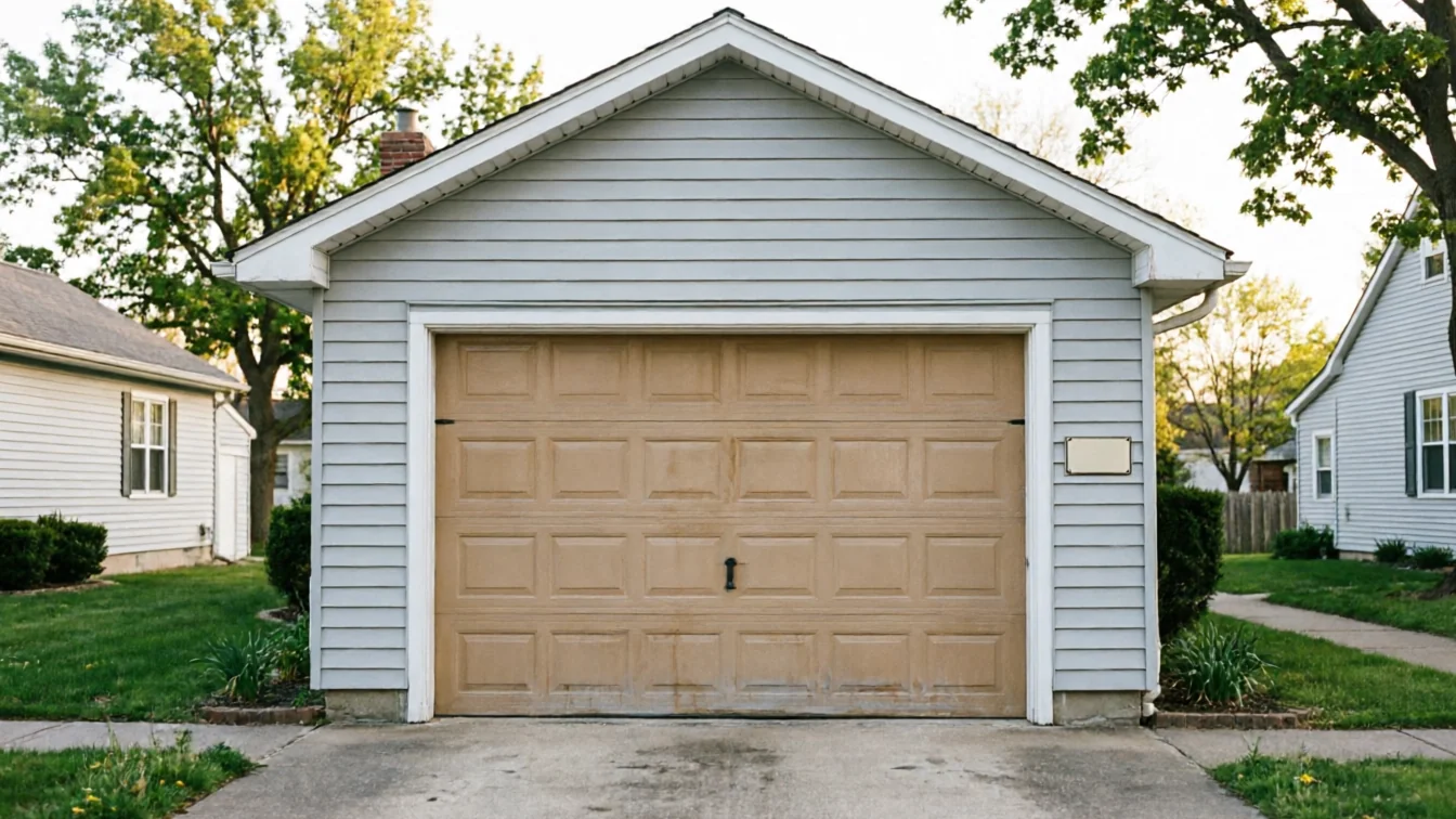 A light brown garage door is on a light blue detached garage.