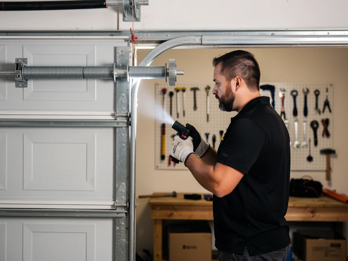 A technician sprays lubricant on a garage door torsion spring.