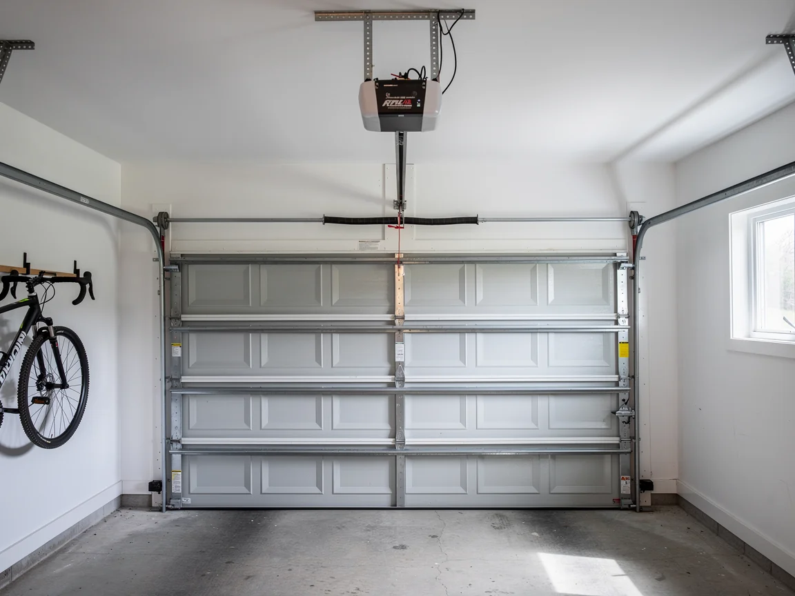 A white garage door is closed with an opener and torsion spring visible.