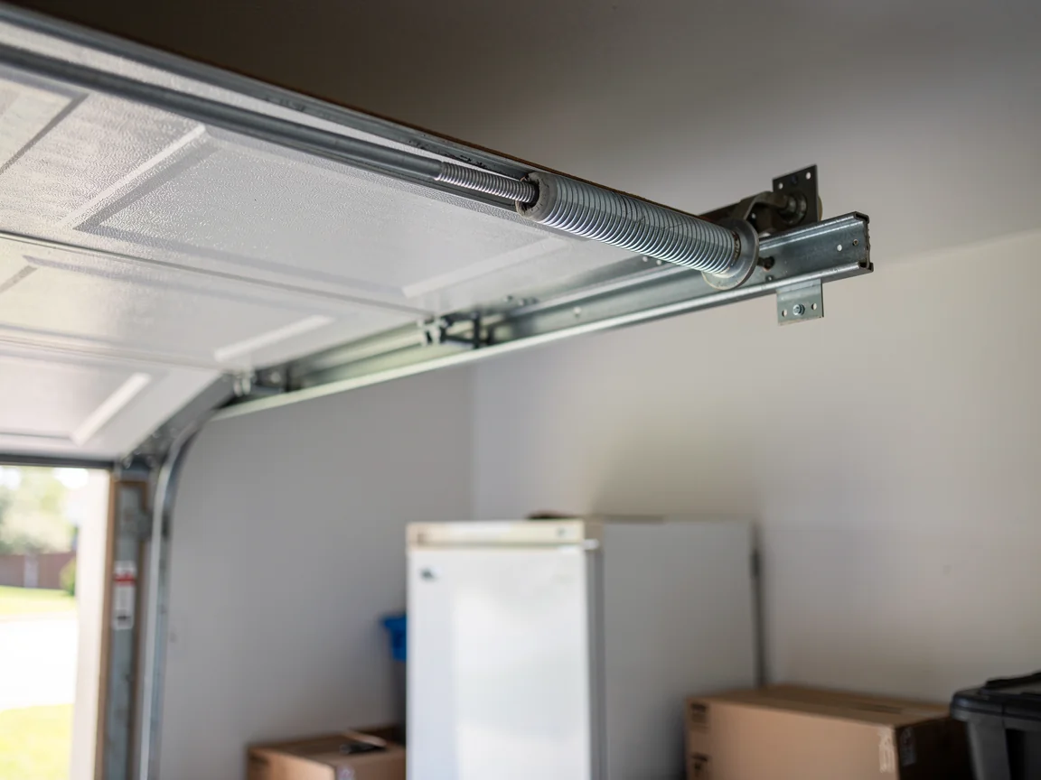 A garage door spring and track are visible from inside the garage.