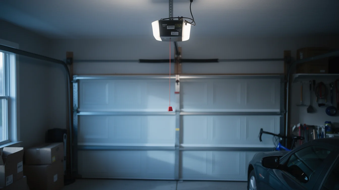 A garage door opener hangs above a closed white garage door.